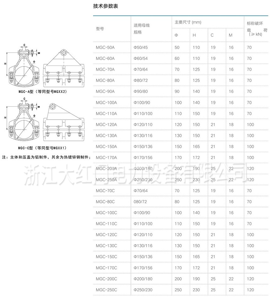 MGC-A型、C型管母線懸掛金具（短型）等同型號MGX