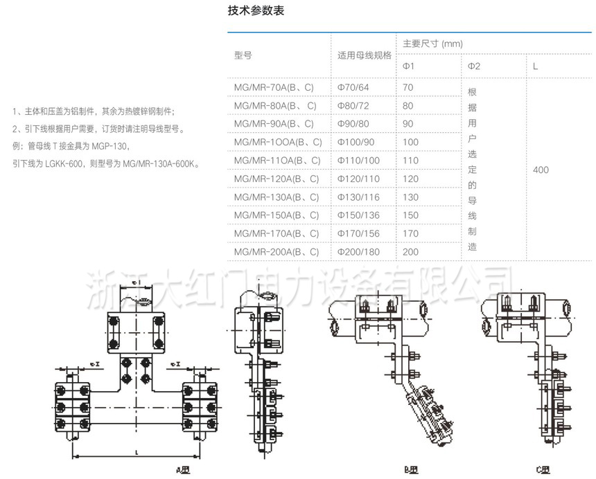 MG、MR-A型T型線夾（A型-水平、B型-30°、C型-90°）